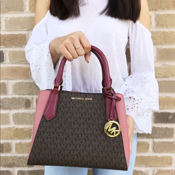 Gaby’sBags👜💕-Michael Kors Satchel Brown Mk Pink - Picture 2 of 8